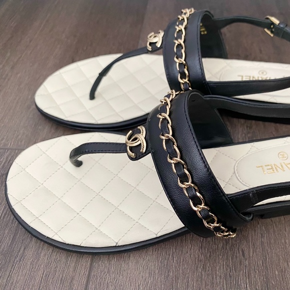 2023 CHANEL CC LOGO BLACK THONG LEATHER FLAT SHOES SANDALS 37 - Picture 11 of 16